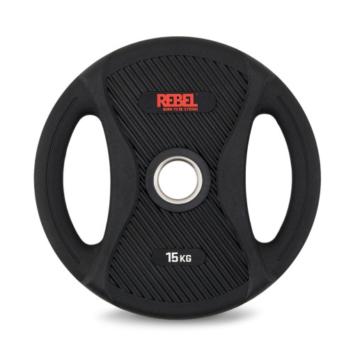 Диск олимпийский обрезиненный с двумя хватами 15 кг REBEL Диск олимпийский обрезиненный с двумя хватами 15 кг REBEL