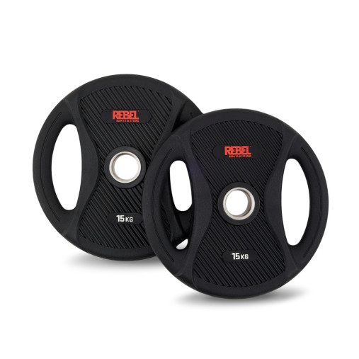Диск олимпийский обрезиненный с двумя хватами 15 кг REBEL Диск олимпийский обрезиненный с двумя хватами 15 кг REBEL