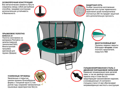 Батут пружинный с защитной сеткой UNIX line SUPREME GAME 16ft (синий) + баскетбольный набор